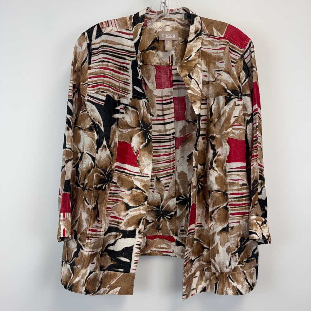 Chicos Open Front Jacket Womens 2 Large Abstract Floral Stripe Red Brown Rayon